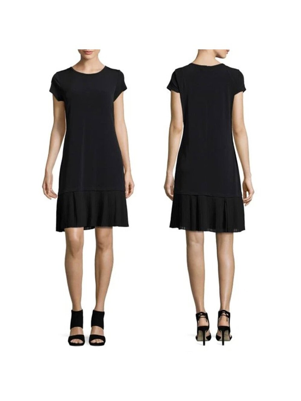 Michael Kors Shift Dress XL Black Poly Stretch Crew Neck Short Sleeve Pleat Hem
